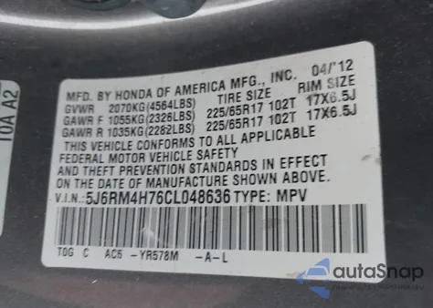 2012 Honda Cr-V Ex-L z USA, uszkodzony, nr VIN 5J6RM4H76CL048636